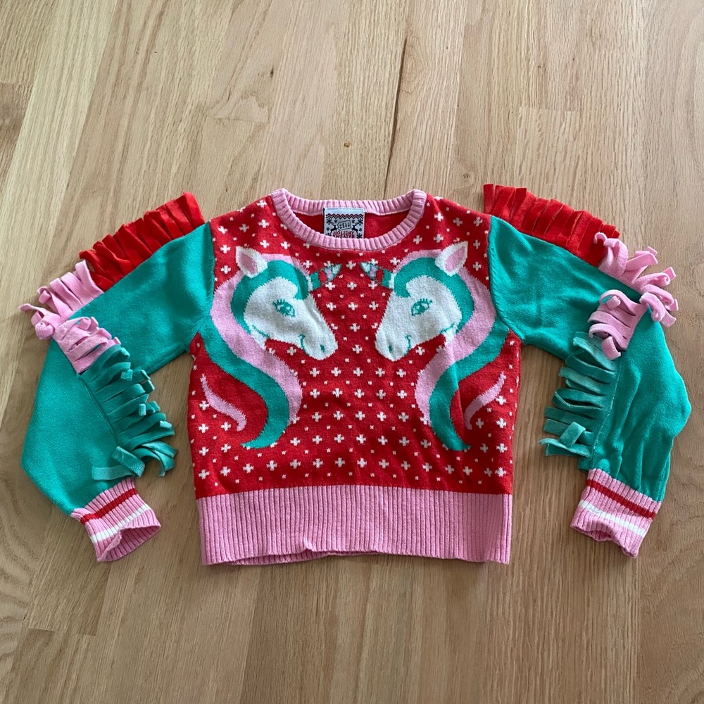 Vintage retro baby well worn holiday sweater with tassels and unicorns 18m